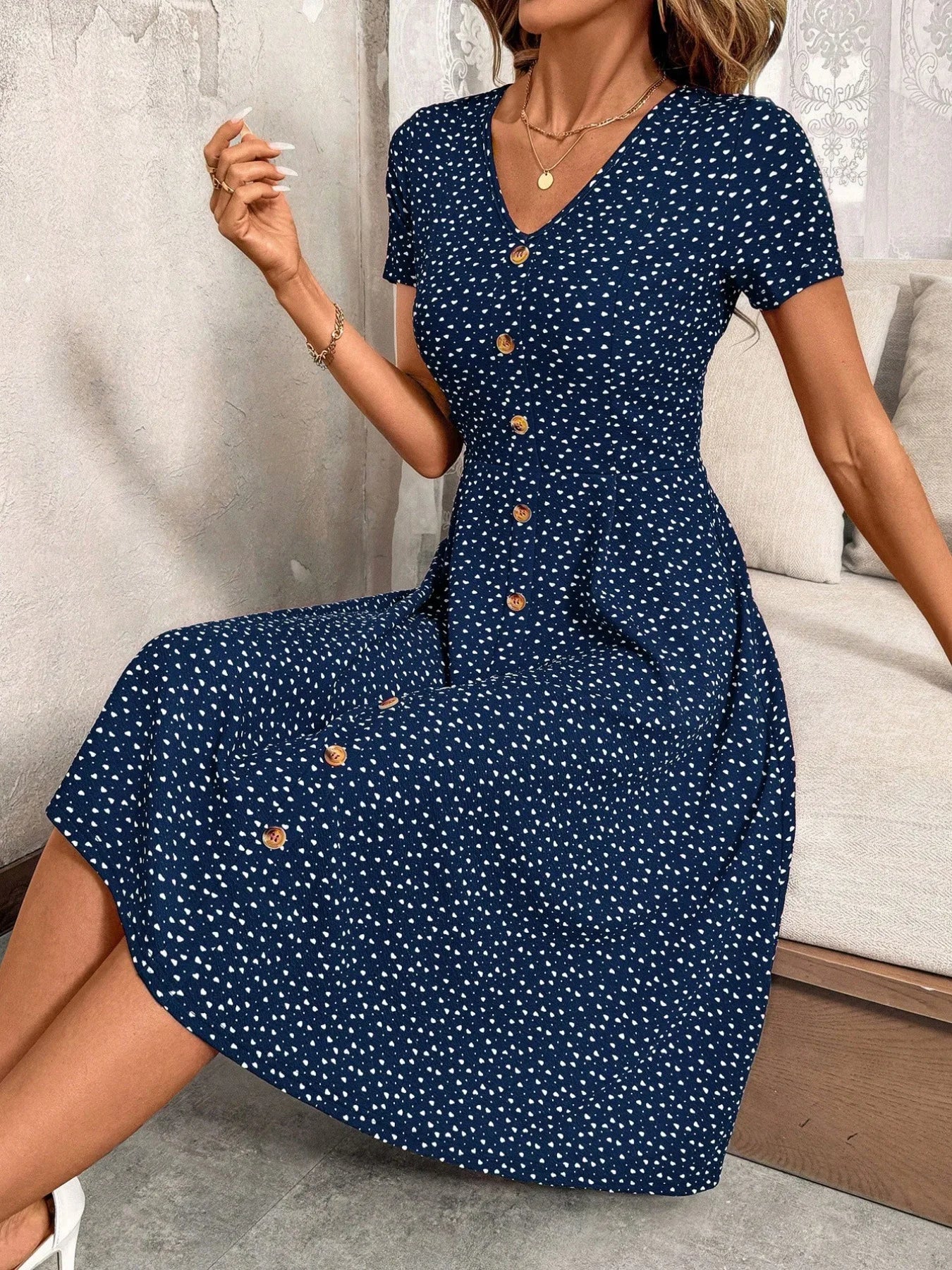 Robe Midi boutonnée, Style Champêtre Lyros