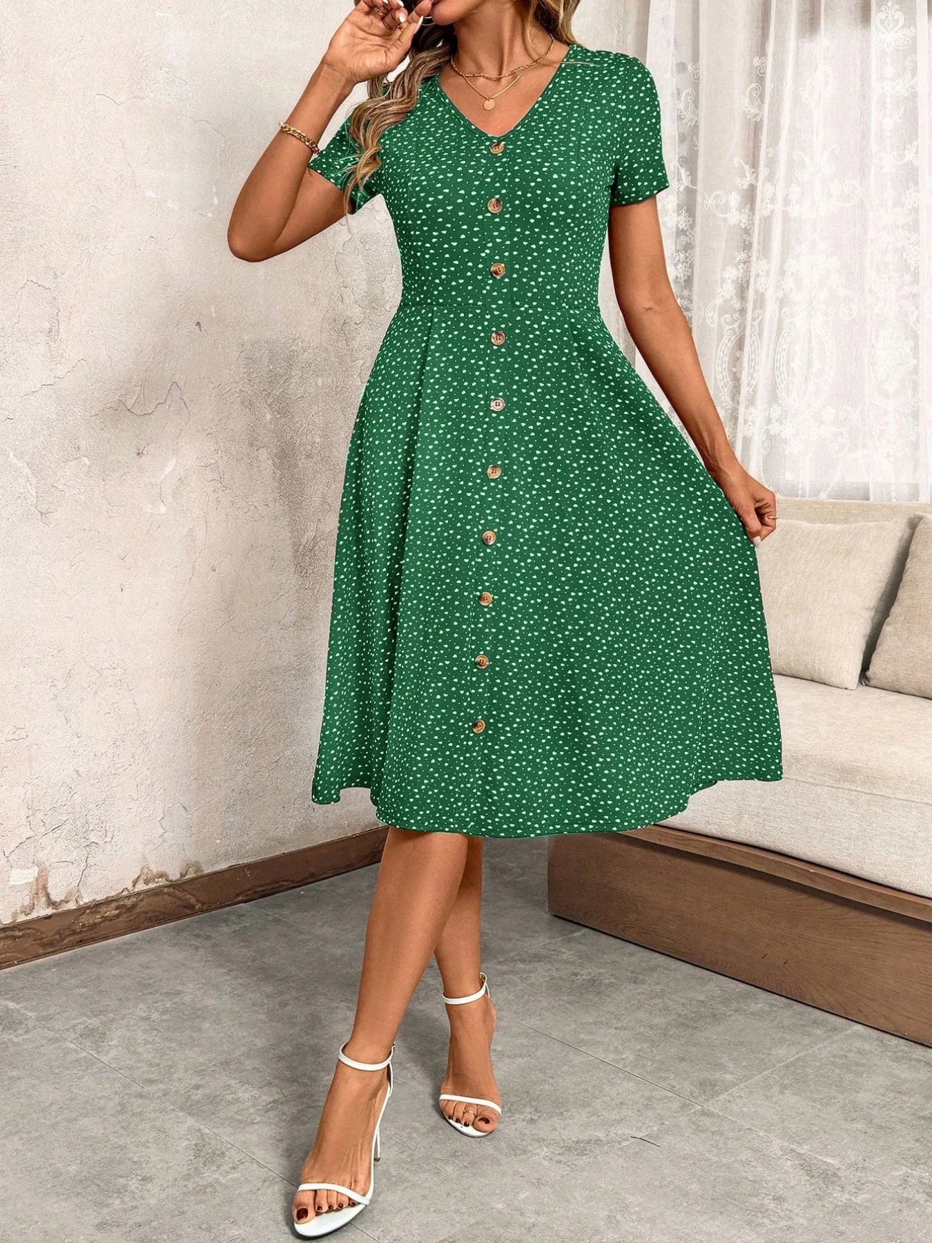 Robe Midi boutonnée, Style Champêtre Lyros